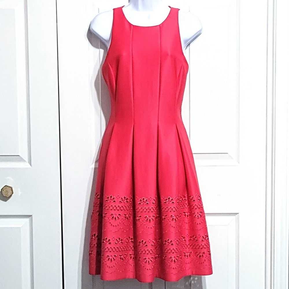 NWOT Jessica Howard Pleated Flair Dress Hot Pink Embroidered Cutout Pattern